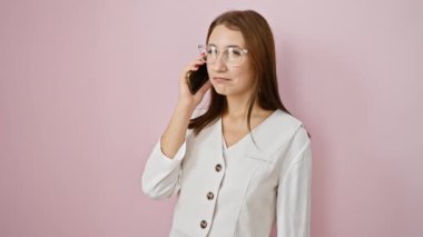 Havalı ve kendine güvenen esmer kız, gülümseyen, telefonda konuşan, parmaklarıyla mükemmel bir 