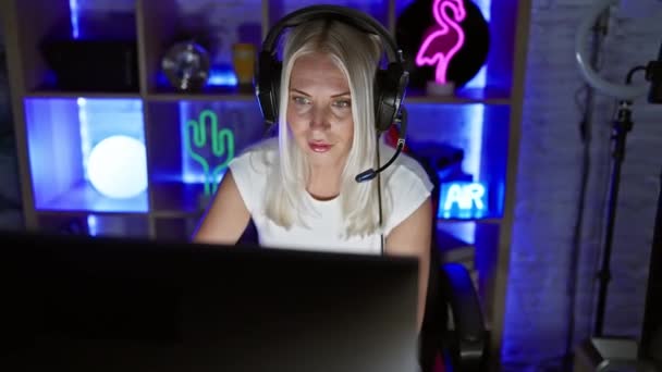 Jonge Opgewonden Blonde Vrouw Vieren Gaming Succes Schreeuwen Vreugde Bij — Stockvideo