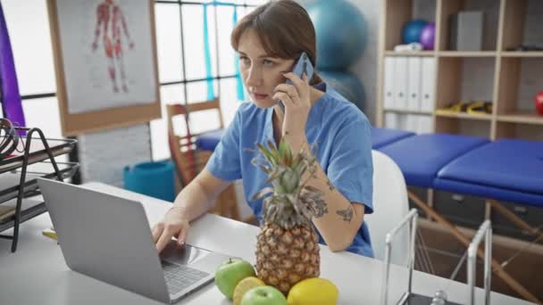 一名专心致志的妇女在笔记本电脑上和理疗诊所的电话中 用健身设备来刷洗多项任务 — 图库视频影像