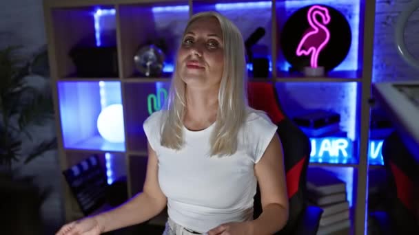 Aantrekkelijke Blonde Streamer Gelukkige Jonge Vrouw Kruisen Armen Ondergedompeld Gaming — Stockvideo