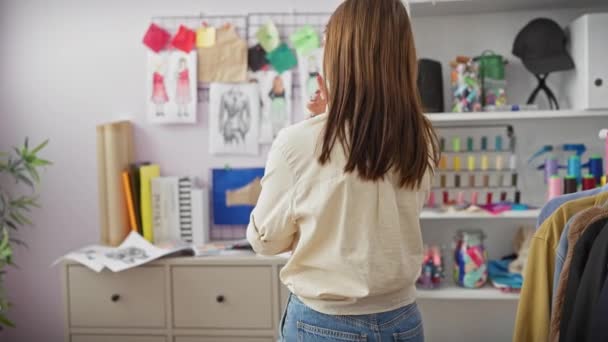 꿰매는 재료와 스케치로 둘러싸인 창조적 아틀리에에 서있는 캐주얼 여성의 후방보기 — 비디오