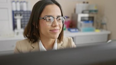 Gözlük takan odaklanmış İspanyol bir kadın modern ofis ortamında dikkatle çalışıyor.