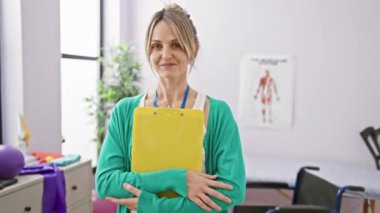 Elinde dosya tutan profesyonel bir kadın, kendine güvenen bir rehabilitasyon kliniğinde duruyor..