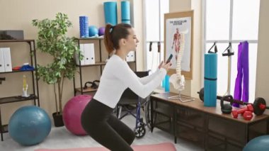 Genç İspanyol kadın akıllı telefon kullanarak modern bir spor salonunda çömelme egzersizi yapıyor..