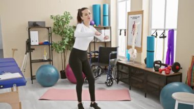 Genç bir İspanyol kadın, iyi donanımlı bir spor salonunda, vitrin egzersizleri ve sağlıklı bir yaşam tarzı sergiliyor..