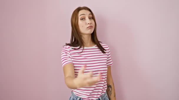 Naughty Yet Funny Young Brunette Girl Stripes Tshirt Flaunting Rude — стоковое видео