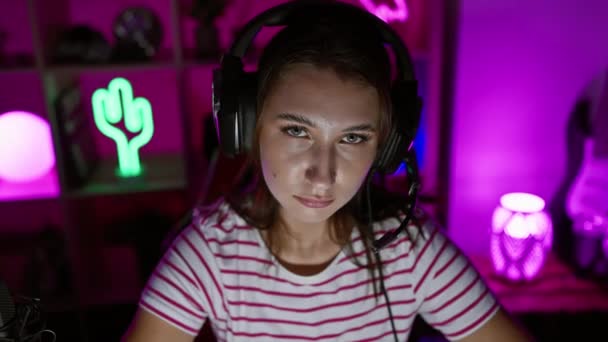 Een Jonge Vrouw Met Een Koptelefoon Een Neon Verlichte Speelkamer — Stockvideo