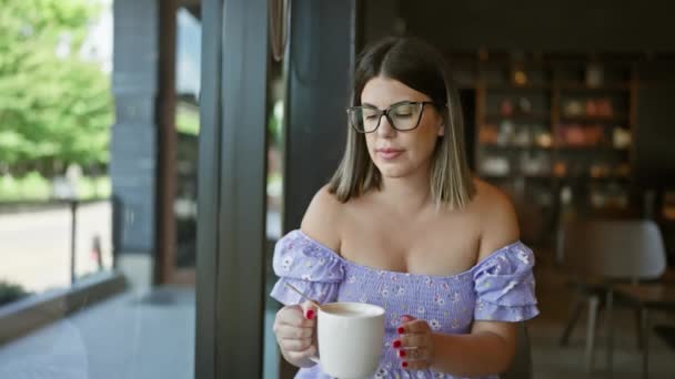 Avslappnade Vacker Latinamerikansk Kvinna Glasögon Njuter Varm Kopp Kaffe Vid — Stockvideo