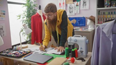 Sakallı kızıl saçlı, gözlüklü, renkli kumaşlar ve dikiş malzemeleriyle dolu canlı bir atölyede terzi..