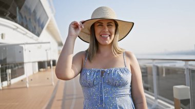 Gülümseyen, şapkalı genç bir kadın okyanusa bakan yolcu güvertesinde lüks tatilin tadını çıkarıyor..
