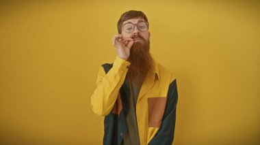 Gözlüklü şık sakallı genç bir adam özenle sarı bir arka plana karşı duruyor..