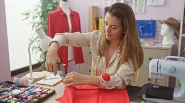Dikiş malzemeleri ve mankenlerle çevrili bir terzi dükkanında kumaş kesen İspanyol kadın..