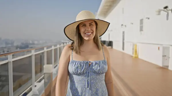 Mujer Sonriente Con Sombrero Cubierta Del Crucero Bajo Cielo Soleado — Foto de Stock