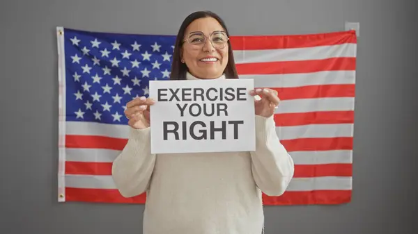 Smiling Hispanic Woman Holding Sign Exercise Your Right Front American — Stock Photo, Image