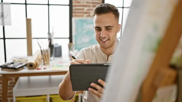 Handsome Young Man Digital Tablet Smiles While Working Bright Modern — Stock Photo, Image