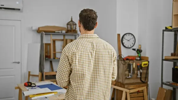 Rear View Man Wearing Checkered Shirt Workshop Full Carpentry Tools — Stock Photo, Image