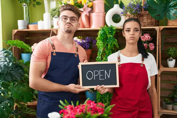 Young Hispanic Man Woman Working Florist Holding Open Sign Puffing — Stock Photo, Image