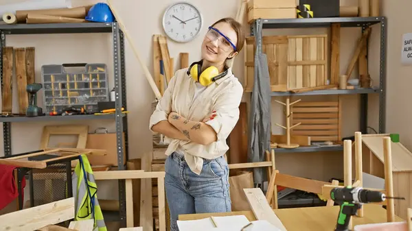 一位自信的黑发女人 双手交叉 戴着安全眼镜 头戴耳机 坐在木工车间里 — 图库照片