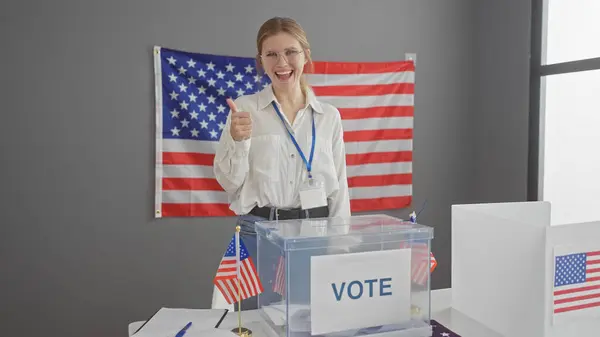 Smiling Young Caucasian Woman Giving Thumbs Usa Voting Center American — Stock Photo, Image