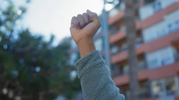 African American Male Raising Fist City Street Symbolizing Empowerment Protest — Stock Photo, Image