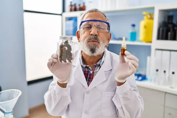 Hilarious Expression Senior Man Puffing Cheeks Holding Medical Cannabis Lab — Stock Photo, Image