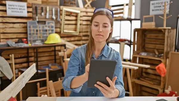 Focused Woman Using Tablet Carpentry Workshop Surrounded Wood Tools Furniture — Stock Photo, Image