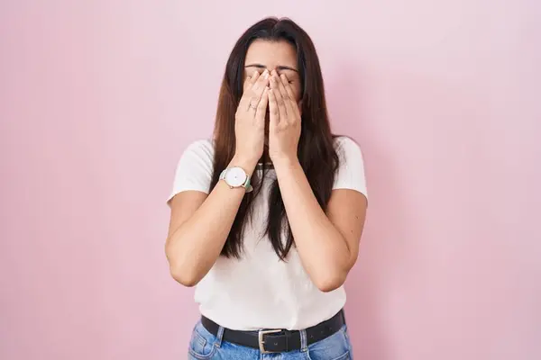 Young Brunette Woman Standing Pink Background Rubbing Eyes Fatigue Headache — Stockfoto
