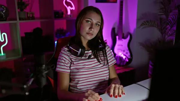 一个带着耳机的年轻女人晚上坐在一个由霓虹灯照明的黑暗的游戏室里 — 图库照片