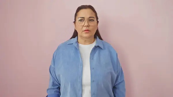 Volwassen Latino Vrouw Een Denim Shirt Poseert Tegen Een Solide — Stockfoto