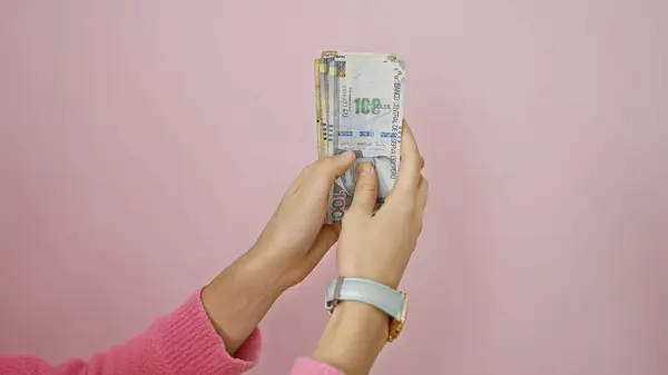 Young Woman Holds Peruvian Soles Pink Wall Showcasing Currency Finance — Stock Photo, Image