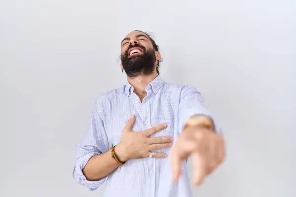 Hispanic Man Beard Wearing Casual Shirt Laughing You Pointing Finger — Stock Photo, Image