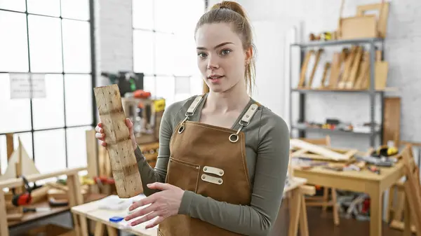 Młoda Kaukaska Kobieta Stolarni Trzyma Drewnianą Deskę Przedstawiającą Rzemieślnika Otoczeniu — Zdjęcie stockowe