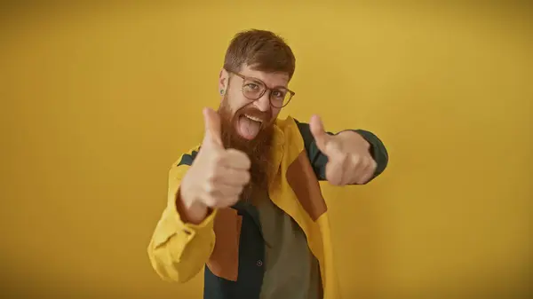 Happy Man Beard Glasses Giving Thumbs Yellow Background — Stock Photo, Image
