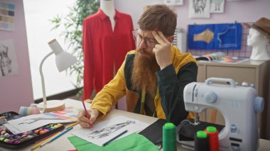 Sakallı, düşünceli, kızıl saçlı bir adam kumaşlar ve dikiş makinesiyle çevrili bir terzi dükkanında tasarım çiziyor..