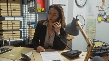 Karmaşık bir karakolda çalışan İspanyol kadın dedektif. Etrafı dosya ve kanıtlarla çevrili.