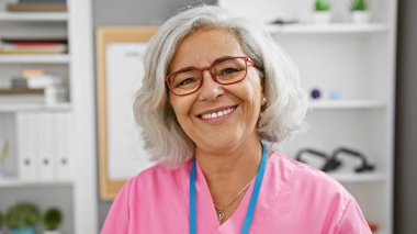 Gri saçlı, neşeli orta yaşlı bir kadın gözlük takıyor ve kliniğin içinde pembe bir fırça çekiyor. Profesyonel bir portre için poz veriyor..