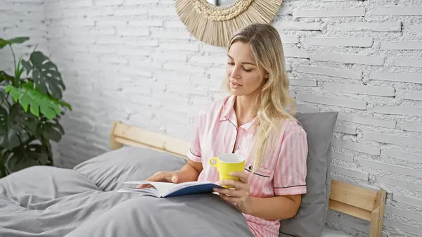 Young woman reads book in bed, holding coffee mug, in cozy bedroom