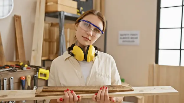 一个年轻的黑发女子在木匠车间拿着木柴 戴着安全眼镜和耳机 — 图库照片