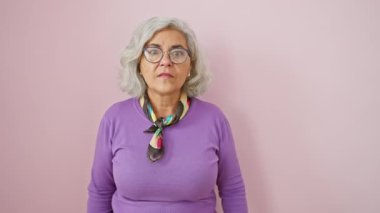 Öfkeli orta yaşlı, gri saçlı, gözlüklü bir kadın, vitesi yükseltiyor, sinirlenmiş, öfkeden kuduruyor, yumruğunu kaldırıyor, pembe arka planda çığlık atıyor.!