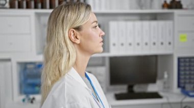 Kendine güvenen sarışın kadın doktor, profesyonelliği ve sağlık uzmanlığını çağrıştıran beyaz bir laboratuvar içinde poz veriyor..