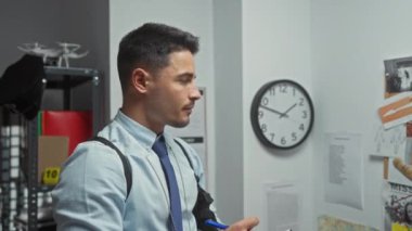 Dedektifin ofisindeki yakışıklı İspanyol arka planda kanıt panosuyla notlar yazıyor.