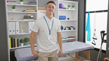 Modern bir rehabilitasyon kliniğinde kolları çapraz duran kendine güvenen genç adam, bir rozet takıyor..