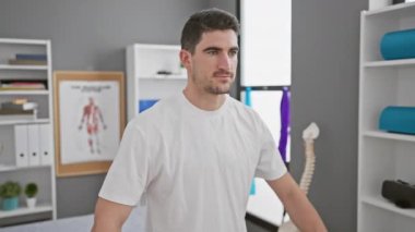 Odaklanmış genç bir adam modern bir rehabilitasyon kliniğinin terapi odasında dambıllarla egzersiz yapıyor..