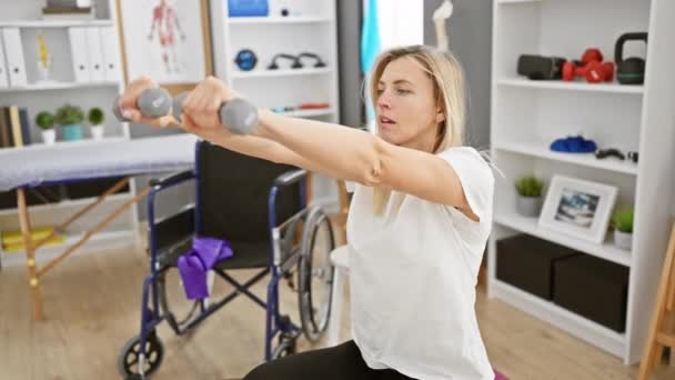 Eine Blonde Frau Trainiert Mit Kurzhanteln Reha Raum Einer Physiotherapie — Stockvideo
