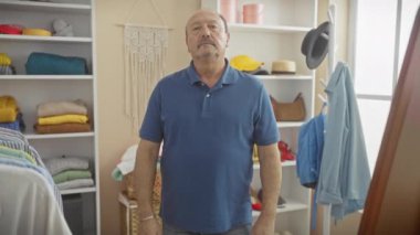 Olgun bir adam, iyi organize edilmiş kostüm odasında güvenle kollarını kavuşturur..