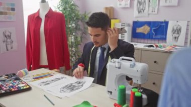 Tasarım odasında terzilik yapan odaklanmış genç bir adam, elinde çizimler ve bir telefon, dikiş ekipmanlarıyla çevrili..