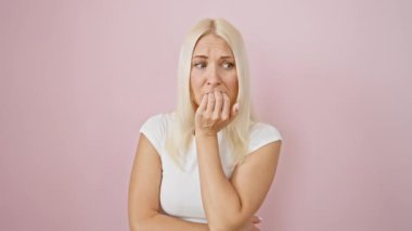 Stresli, genç sarışın yetişkin endişeli bir şekilde tırnaklarını yiyor! Pembe bir duvarın üzerinde izole edilmiş bu gergin kadın, endişeli duygularını sergiliyor..