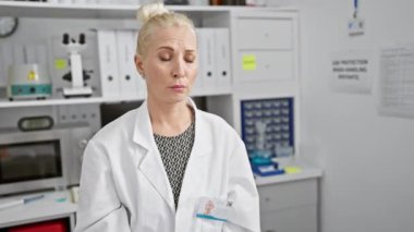 Endişeli genç bir kadın, üniforma giyen sarışın bir bilim adamı, laboratuvarda ağlıyor ve korkuyor. Depresyonda, kızgınlığı ifade edilmiş, sıkıntı ve endişe içinde boğulmuş. Bilimdeki stresin çarpıcı portresi.