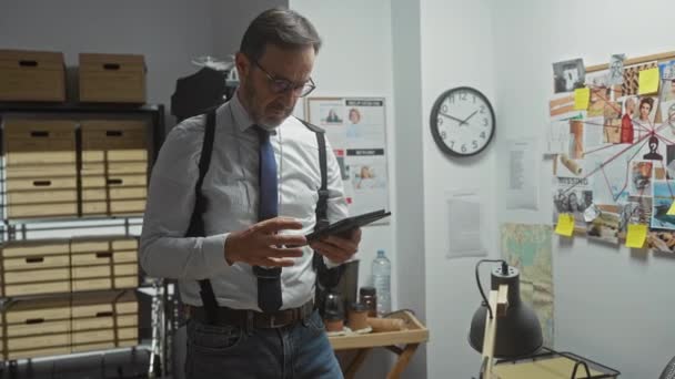Dojrzały Mężczyzna Biurze Detektywistycznym Badający Dowody Pomocą Tabletu Pobliżu Pinboard — Wideo stockowe