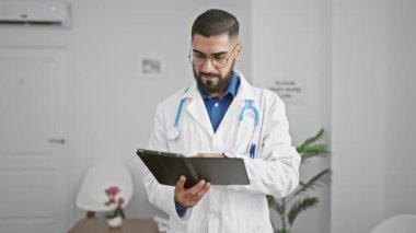 Beyaz önlüklü sakallı bir adam modern bir kliniğin beyaz iç mekanında dijital tableti inceliyor..